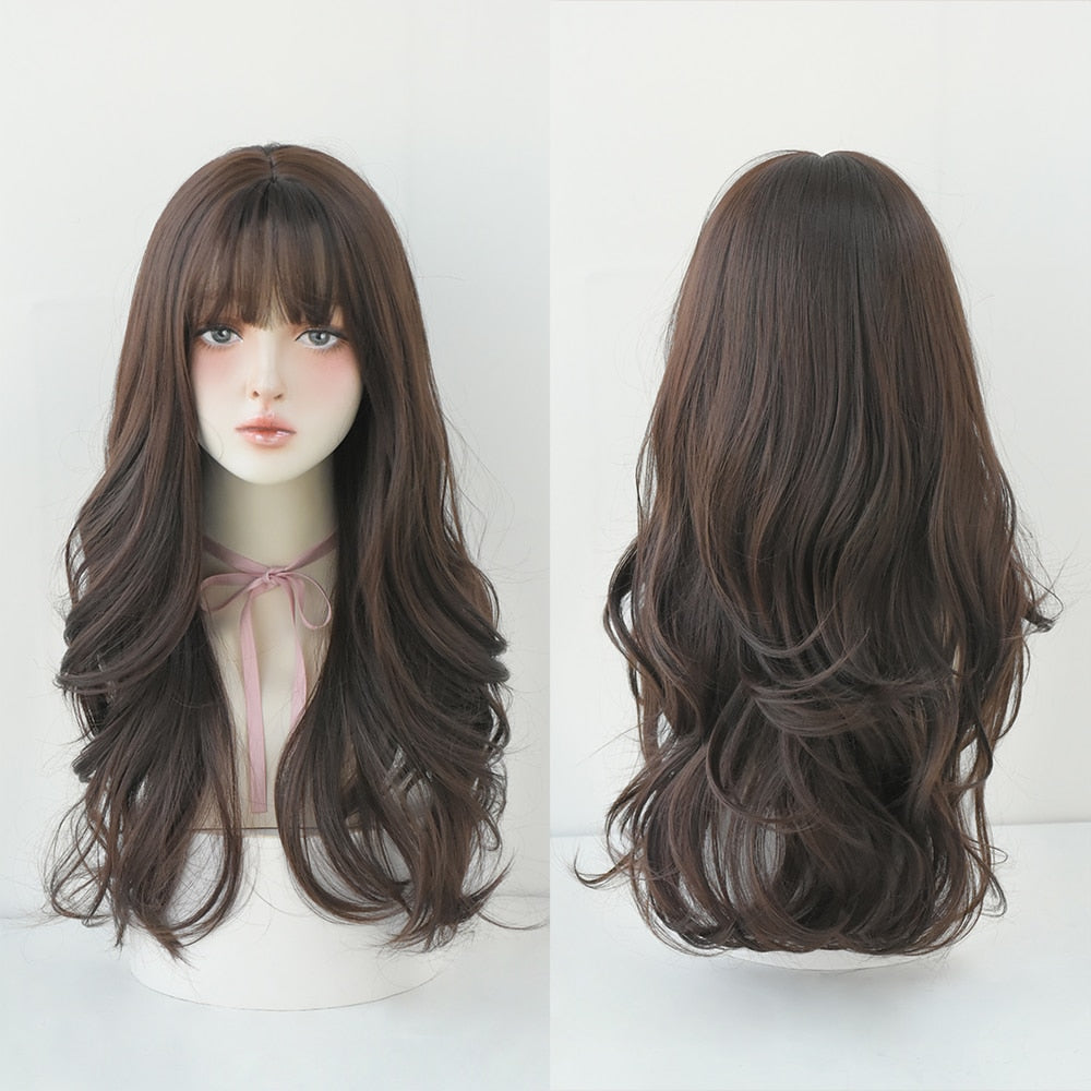Long Curly Hair Women Wig with Bangs Daily Brown Black Pink Lolita Cosplay Braided Wigs Heat Resistant Fiber