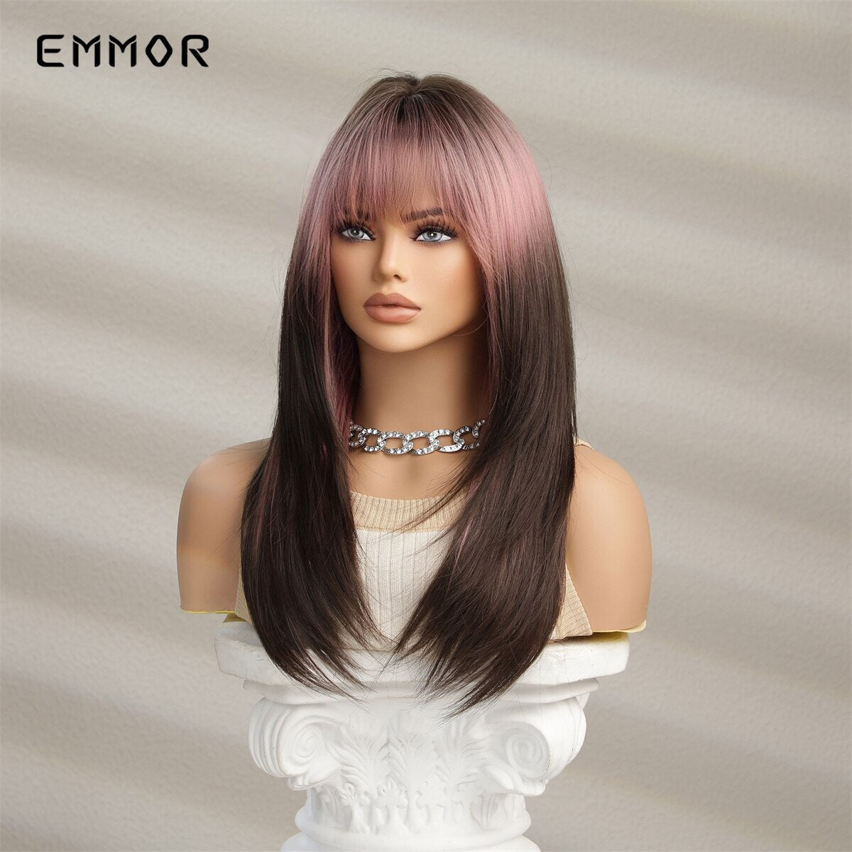Synthetic Wigs Ombre Pink Brown Wig With Bangs Layered Hair Cosplay Daily Party Natural Heat Resistant Wigs for Women