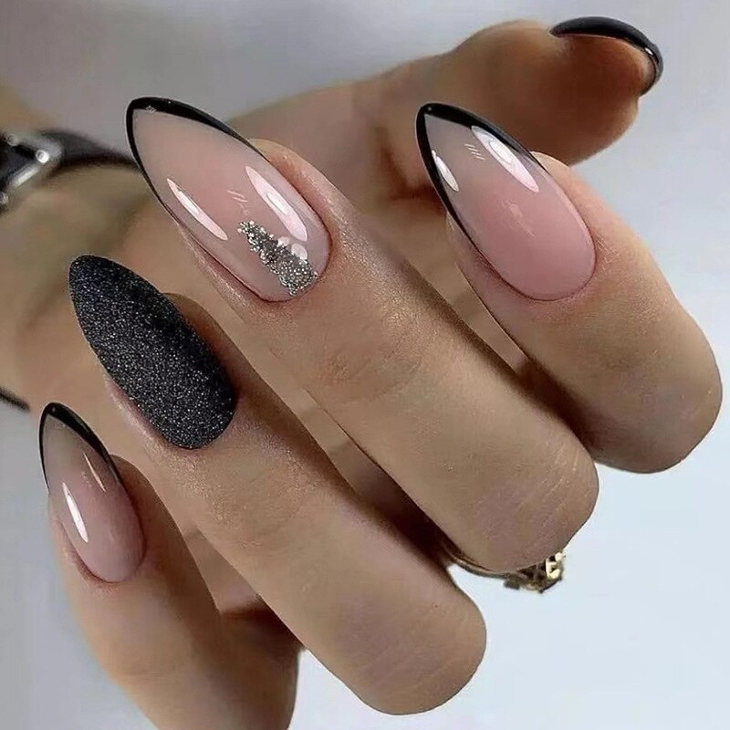 24pcs Almond Full Cover y2k black Sweet Fake Nails with glue cool Stiletto press on nails French artificial Nails With designs