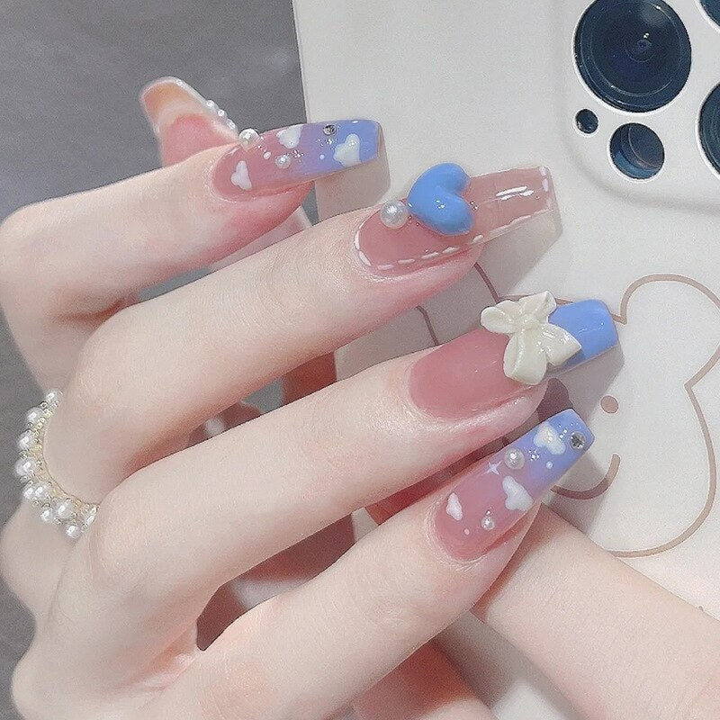 24pcs Butterfly decorated false nails Removable Long Paragraph Manicure fake nail tips full cover acrylic for girls nail