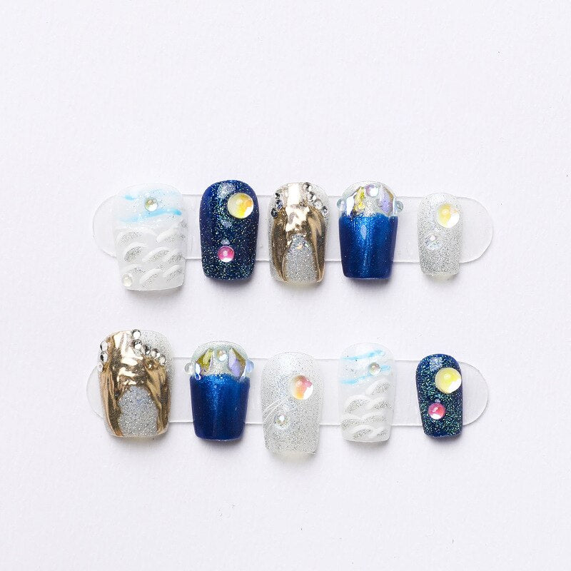 Blue Whale Handmade Wearable Fake Nails Mermaid Ocean Wearing Nails Sticker Reusable Press On Nail Patches Decoration