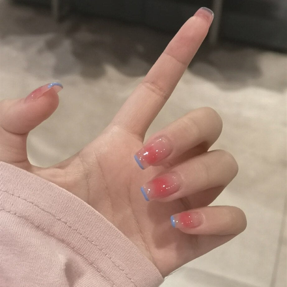 24pcs Press on Nails Short Fake Nails with Glue Jelly Gradient Design Detachable Artificial Nail Acrylic Coffin False Nails Tips