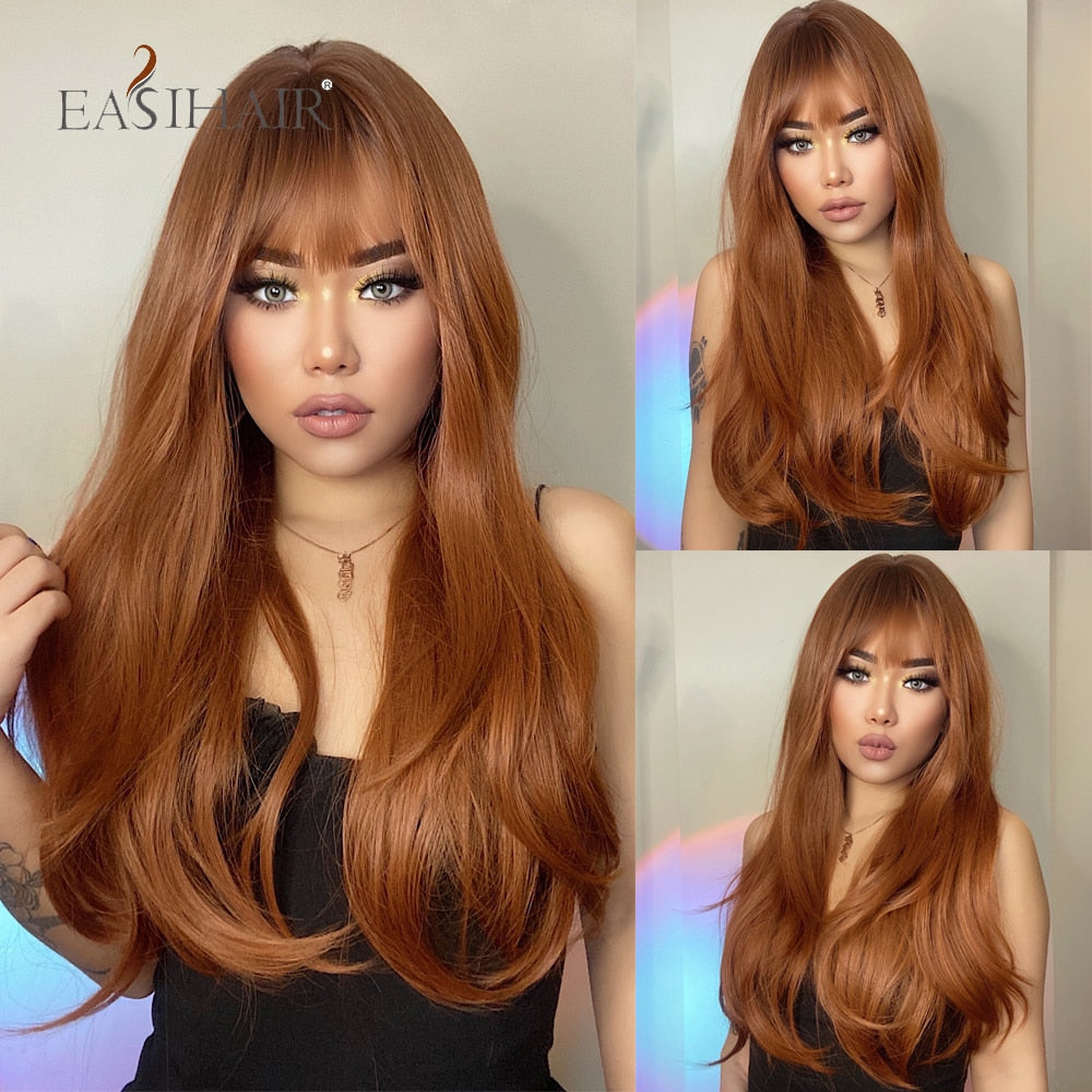 Long Straight Bangs Wigs Natural Ombre Dark Brown Synthetic Hair Wig for Women Daily Cosplay Party Heat Resistant Fiber