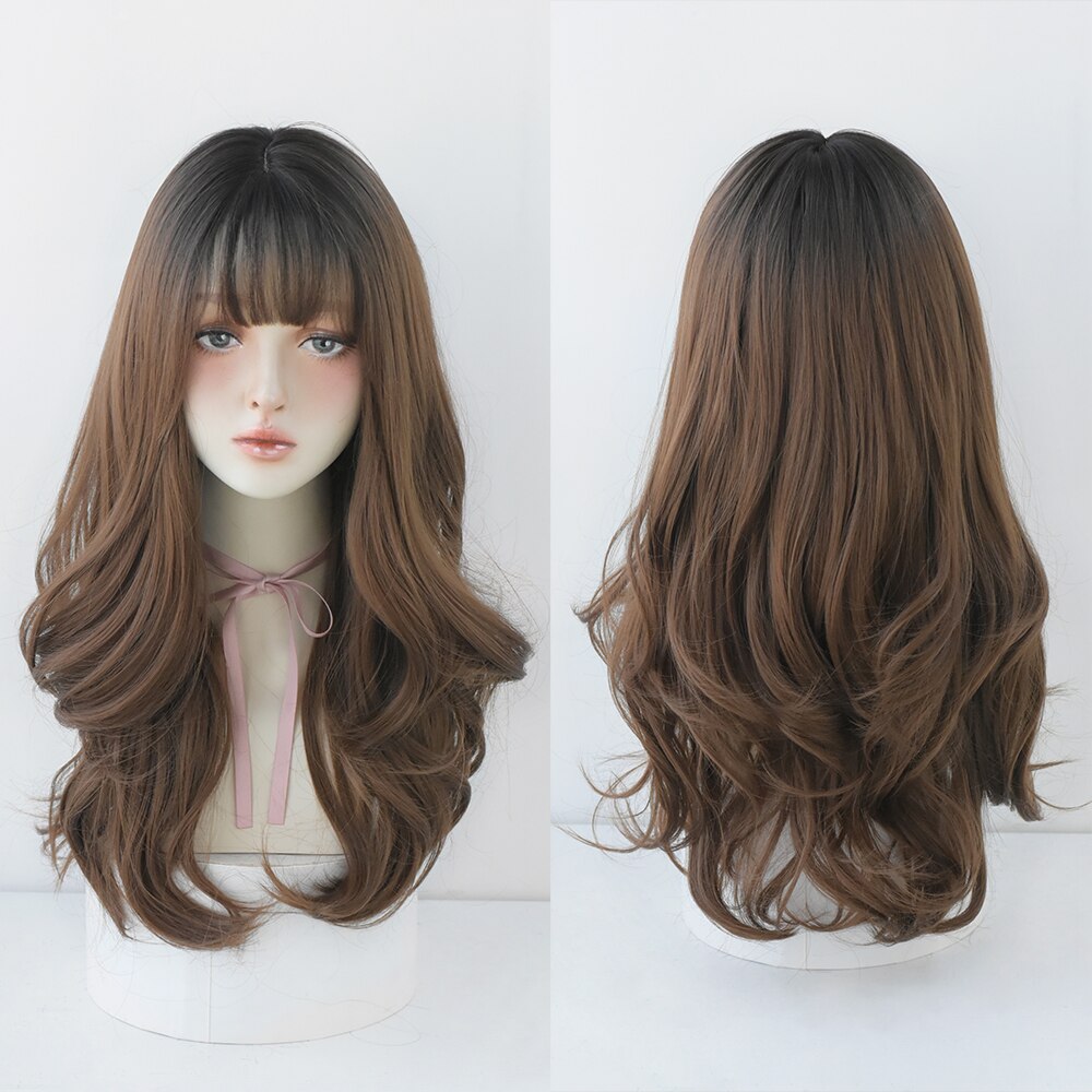 Long Curly Hair Women Wig with Bangs Daily Brown Black Pink Lolita Cosplay Braided Wigs Heat Resistant Fiber