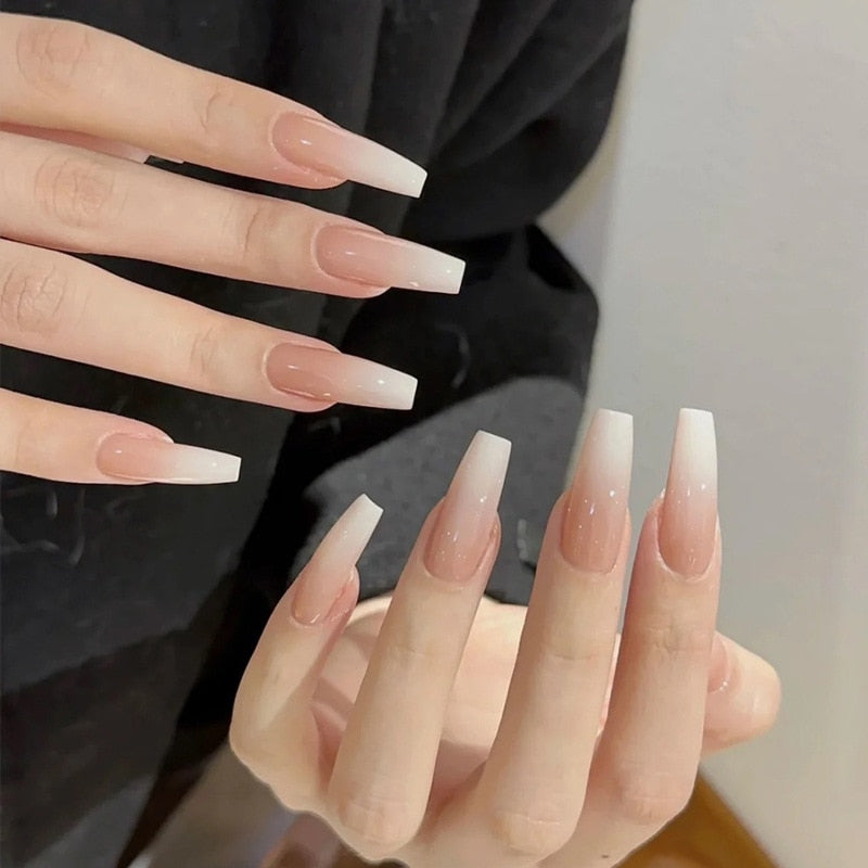 24pcs gradient nude french fake nails with glue wearable Natural press on false nails milk white nail tips ballet