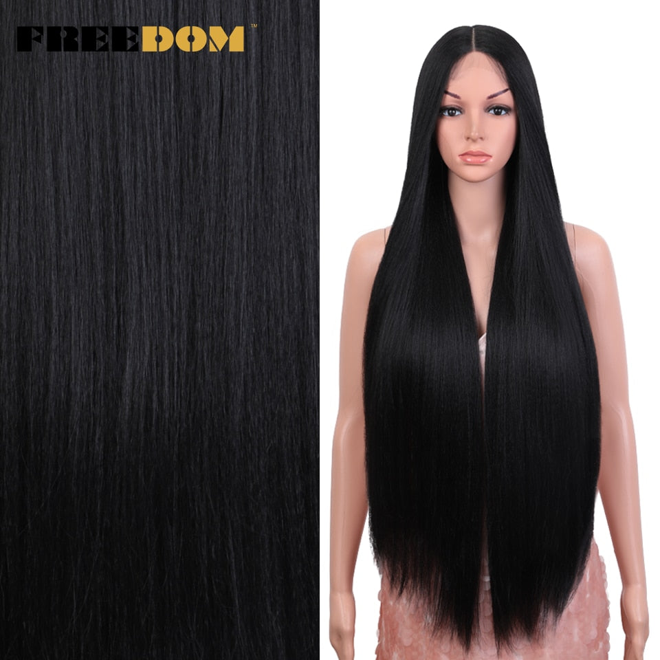 Straight Synthetic Lace Wigs For Women Ombre Brown Handtied Lace Wig 36 Inch Middle Part Long Blue Pink Cosplay Wig