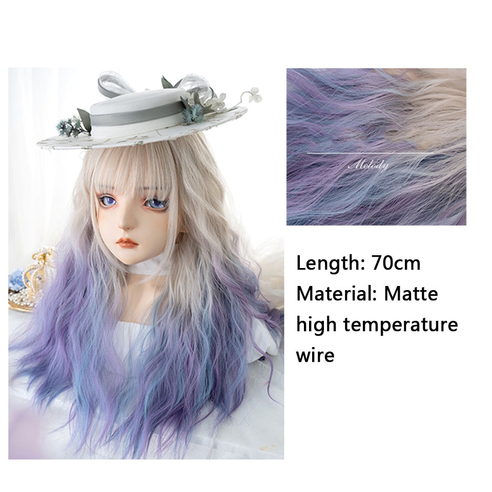 synthetic long curly hair wavy female golden gradient blue purple pink color wig cosplay Lolita wig high temperature