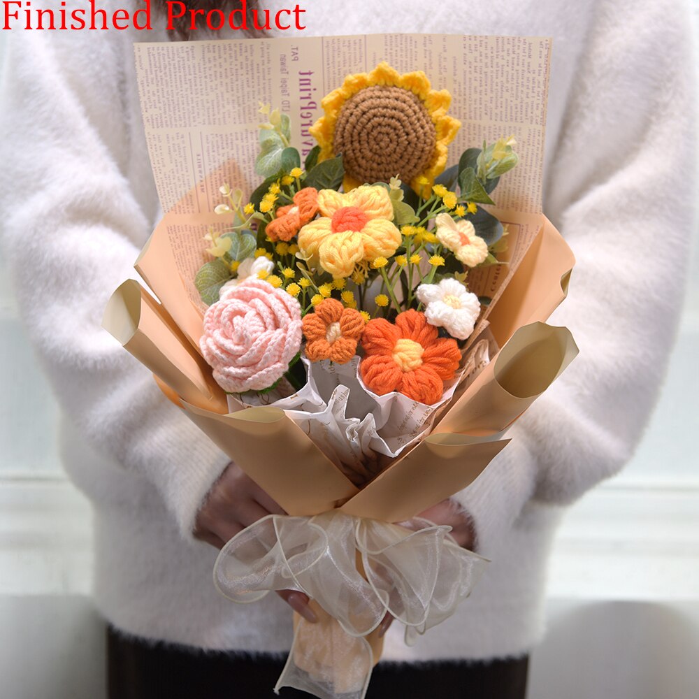 Finished Product Knitting Flowers Rose Tulip Fake Flowers Bouquet Wedding Decoration Hand-woven Home Decorate Knit Flower Gifts
