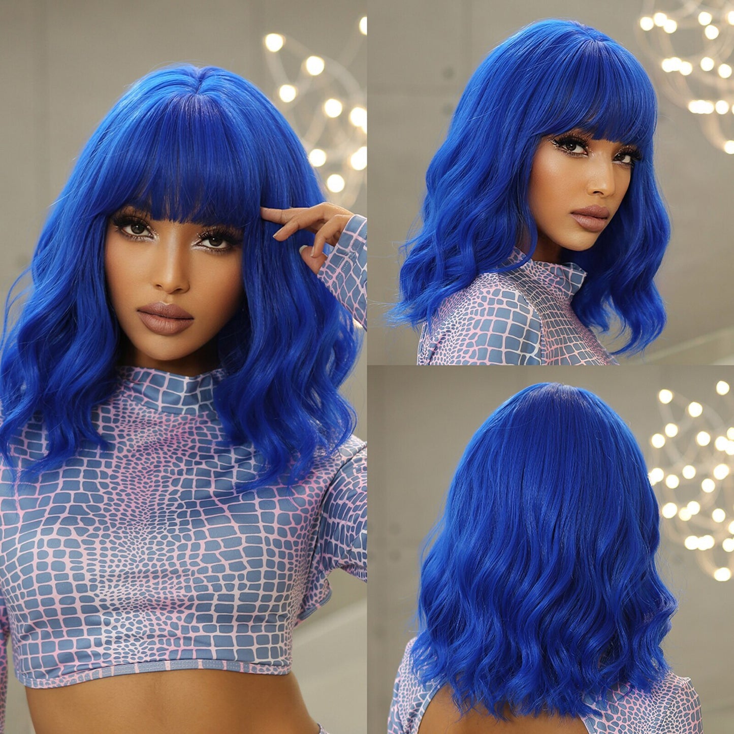 Blobde Ombre Short Bob Synthetic Wavy Wig with Bangs Shoulder Length Wigs for Women Natural Cosplay Hair Heat Resistant
