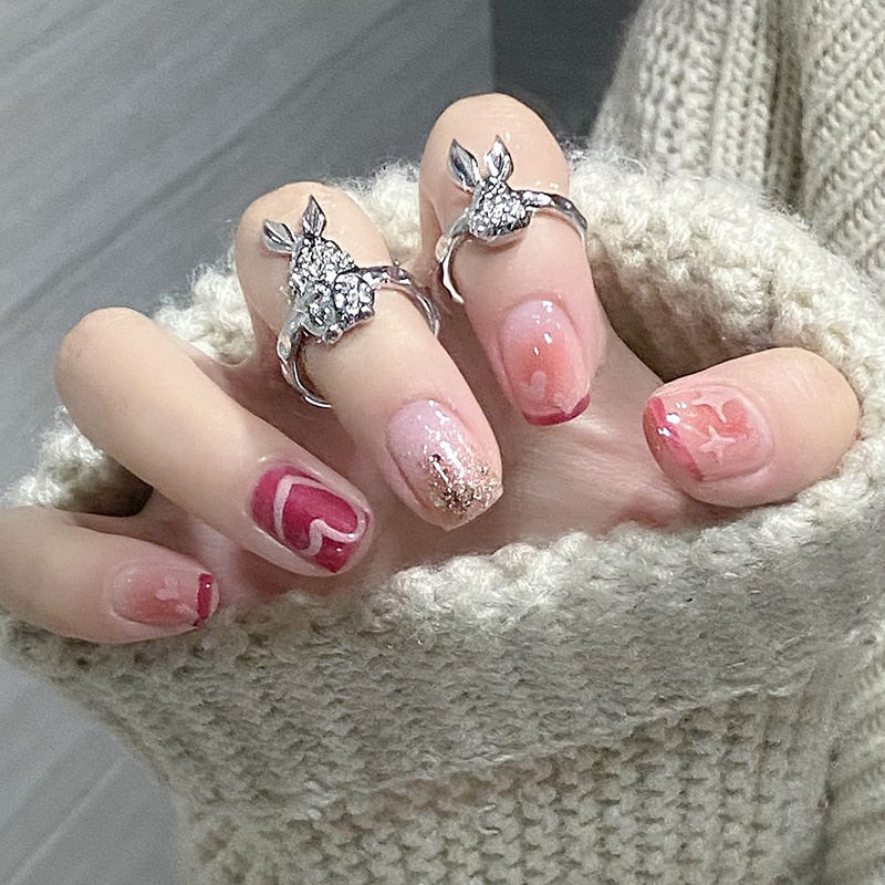 24pcs Butterfly decorated false nails Removable Long Paragraph Manicure fake nail tips full cover acrylic for girls nail