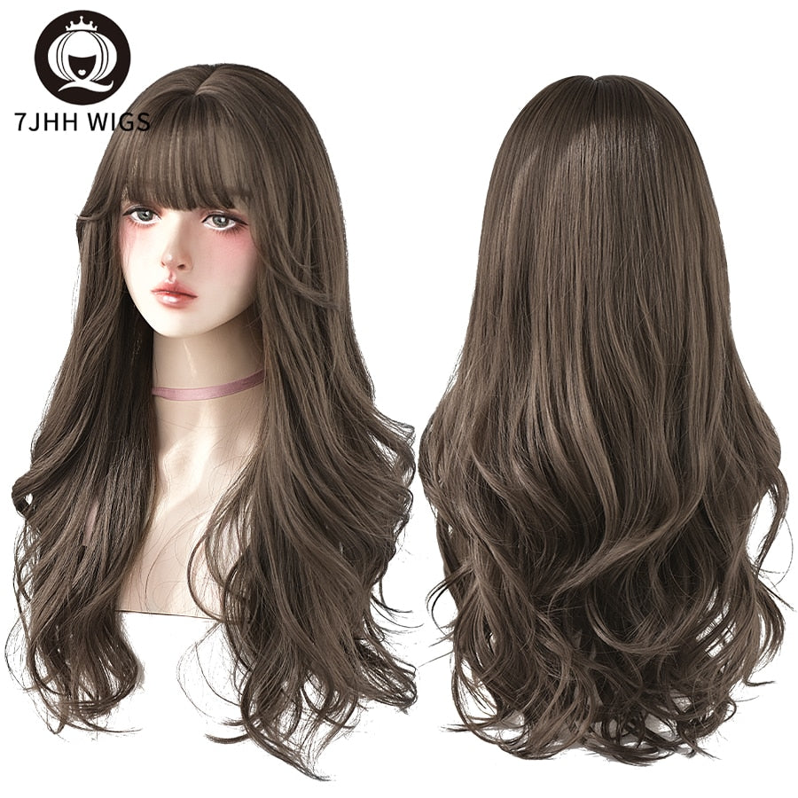 WIGS Brown Ash Long Deep Wave Hair Lolita Wigs With Bangs Synthetic Wig For Women Thick Curls Wigs