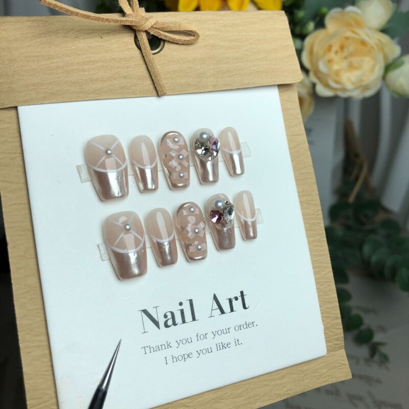 10 Piece For Set White Bow French Style fake nail patch Fairy Dreamy Cute Long T False Nail Art Finished Press On Wearable Nail