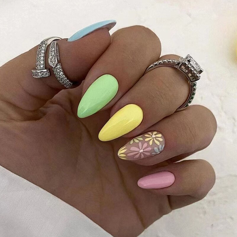 24pcs Almond Full Cover y2k black Sweet Fake Nails with glue cool Stiletto press on nails French artificial Nails With designs