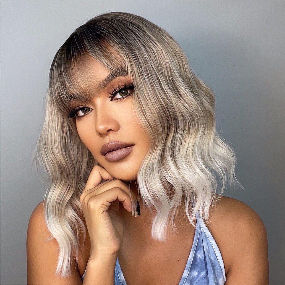 Blobde Ombre Short Bob Synthetic Wavy Wig with Bangs Shoulder Length Wigs for Women Natural Cosplay Hair Heat Resistant