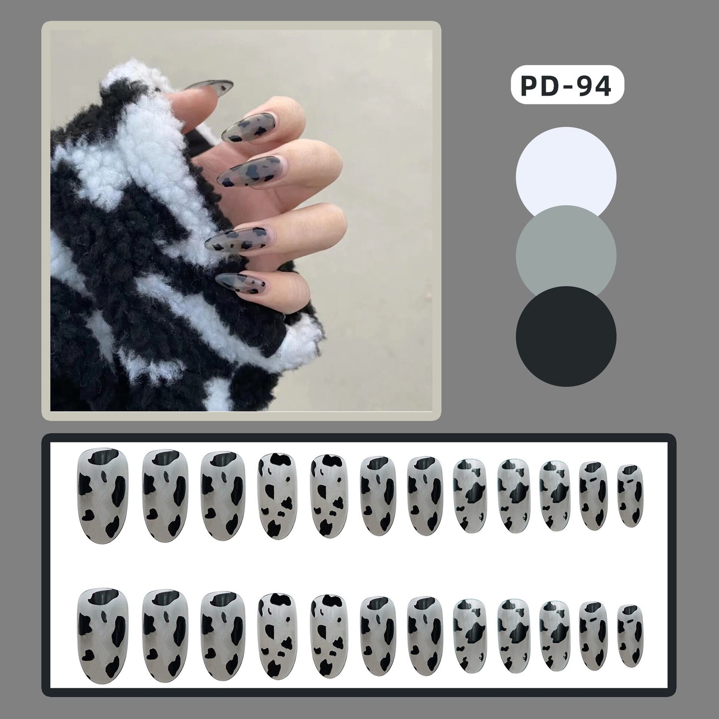 24pcs Almond Full Cover y2k black Sweet Fake Nails with glue cool Stiletto press on nails French artificial Nails With designs