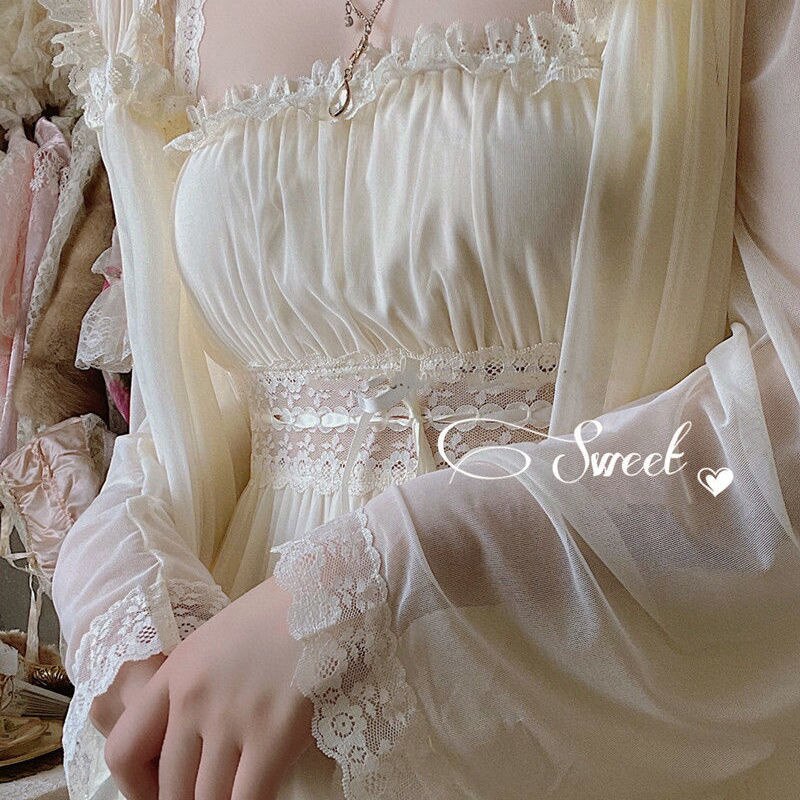 2pcs Nightgown Women Lace Mesh Princess Nightdress Vintage Retro Lady French Royal Court Style Summer Pajama Nightwear Sleepwear