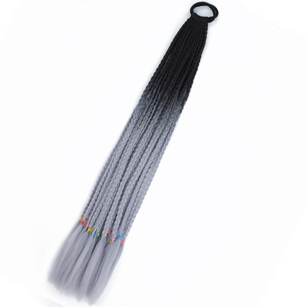 Colored Gradient Box Braided Ponytail For Girls With Elastic Hair Band Rubber Band Hair Accessories Wig Headband Hairpiece