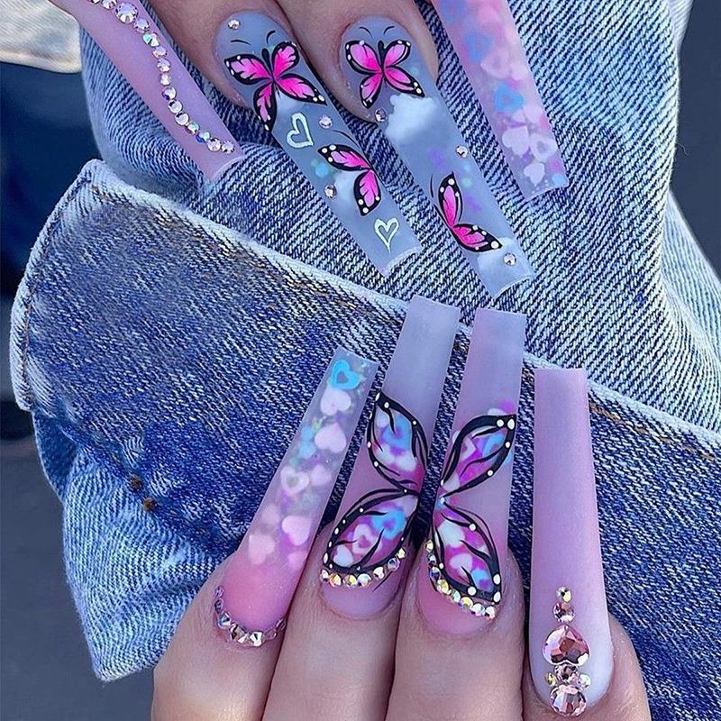 24Pcs Wearable False Nails with glue Long Ballerina Pink Press On Nails French Full Cover Coffin Fake Nails tip with rhinestones
