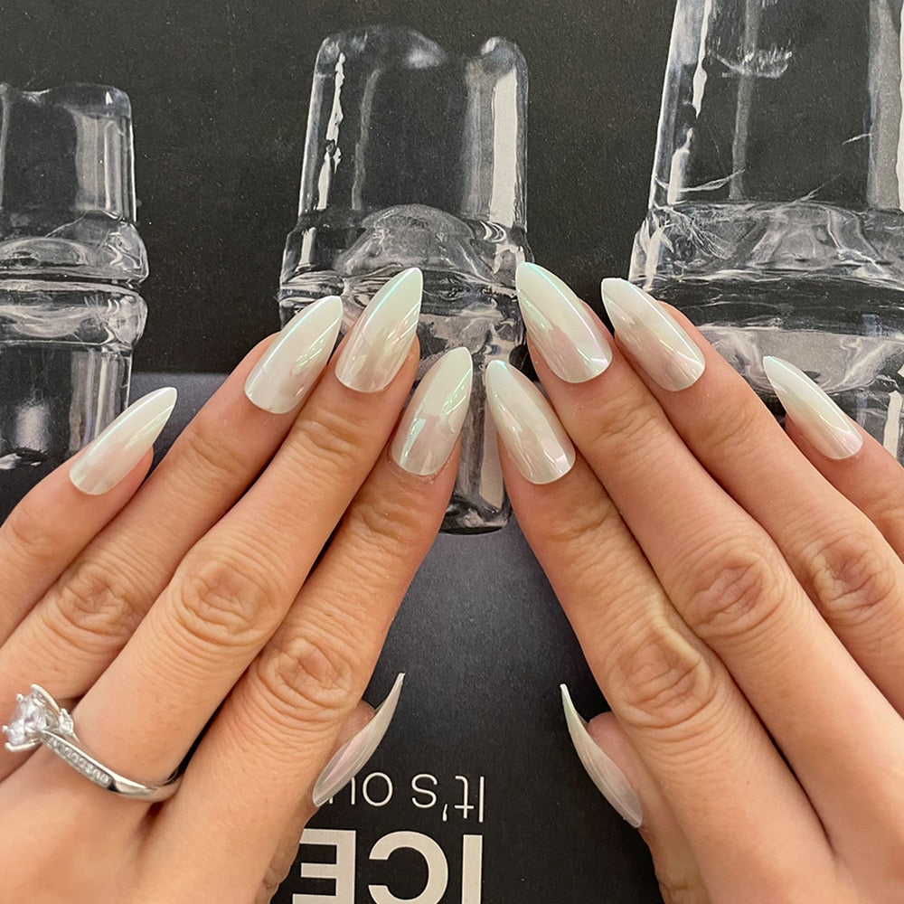 24PCS/Box Pearl Powder Milk White False Nails Round Head with Glue Long Ballet Wearable Fake Nails Full Cover Press on Nail Tips