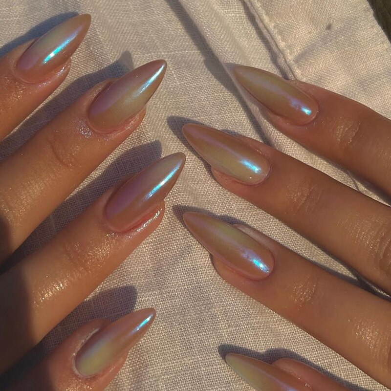 24PCS/Box Pearl Powder Milk White False Nails Round Head with Glue Long Ballet Wearable Fake Nails Full Cover Press on Nail Tips