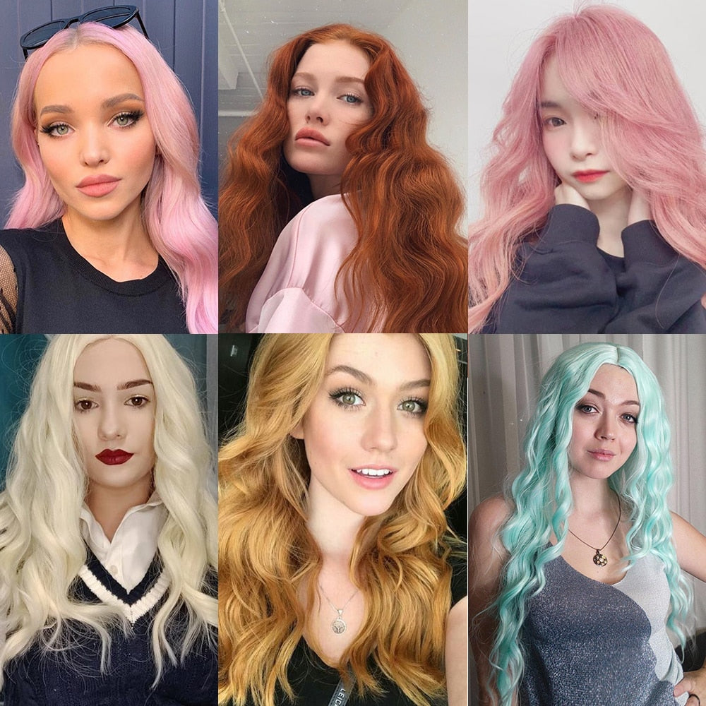 Long Wavy Green Synthetic Wig Women's Heat-Resistant Natural Half Part Cosplay Party Lolita Red Black Pink Wig