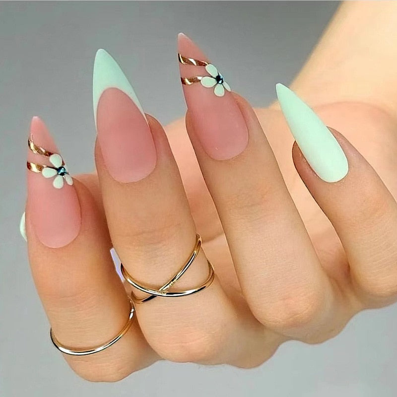 24pcs Almond Full Cover y2k black Sweet Fake Nails with glue cool Stiletto press on nails French artificial Nails With designs