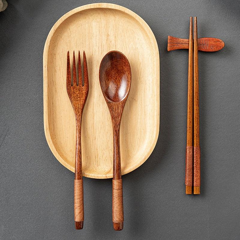 2Pcs Wooden Spoon Fork Dinnerware Set Long Wood Spoon and Fork Set Dessert Soup Spoon Dining Fork Portable Cutlery Tableware