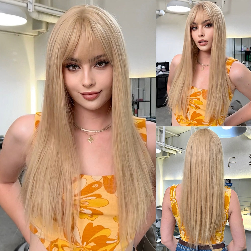 Auburn Layered Wig with Bangs Long Curly Wavy Wig for Women Synthetic Ginger Wig for Daily Party Heat Resistant Hair