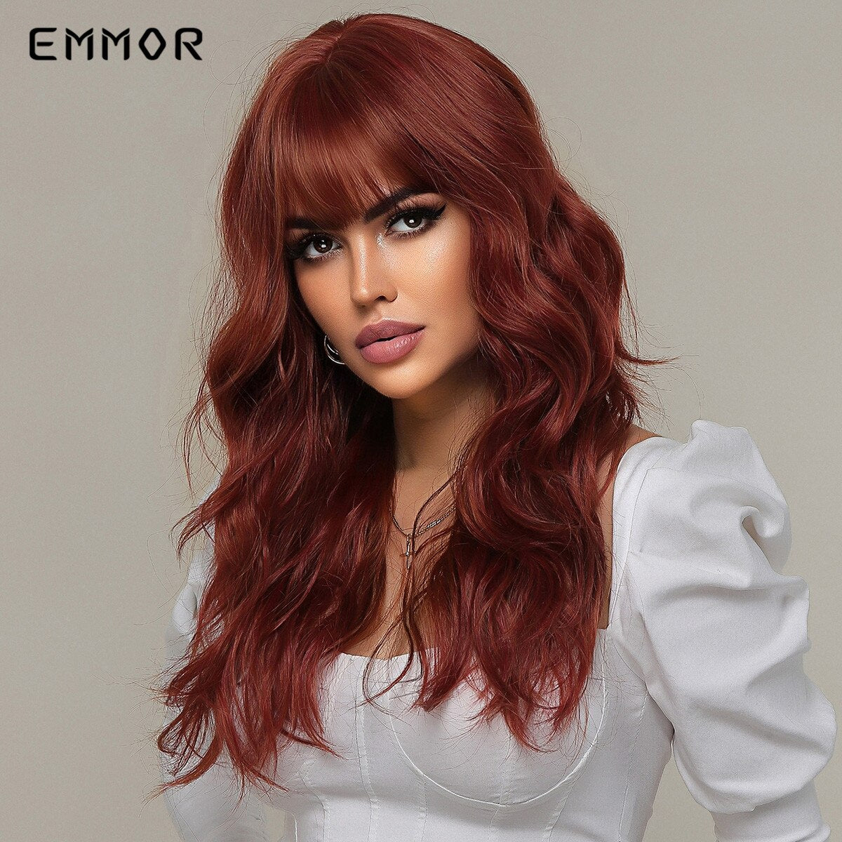 Synthetic Middle Dark Red with Bangs for Women Natural Long Water Wavy Cosplay Hairstyle Heat Resistant Fiber Hair Wigs