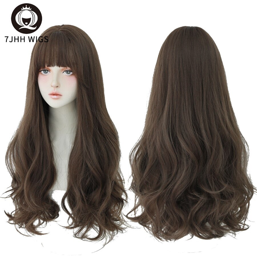 WIGS Brown Ash Long Deep Wave Hair Lolita Wigs With Bangs Synthetic Wig For Women Thick Curls Wigs