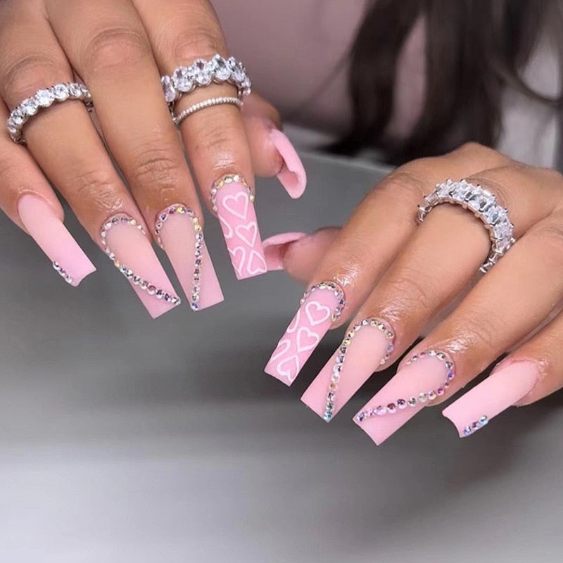 24Pcs Wearable False Nails with glue Long Ballerina Pink Press On Nails French Full Cover Coffin Fake Nails tip with rhinestones