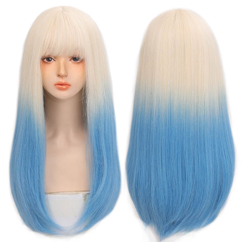 Long straight hair synthetic wig girl pink white gradient bangs cosplay Lolita party heat-resistant wigs