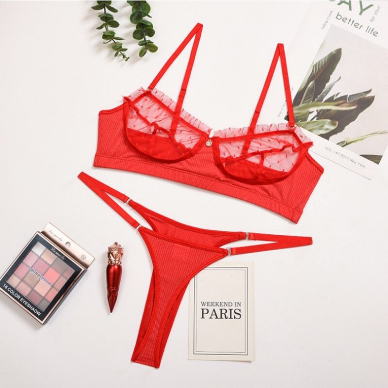 Women Lace Sensual Lingerie Set Sexy Dot Thong Erotic Underwear Mesh See Through Heart Ring Bra Bandage G-string Panties Suit