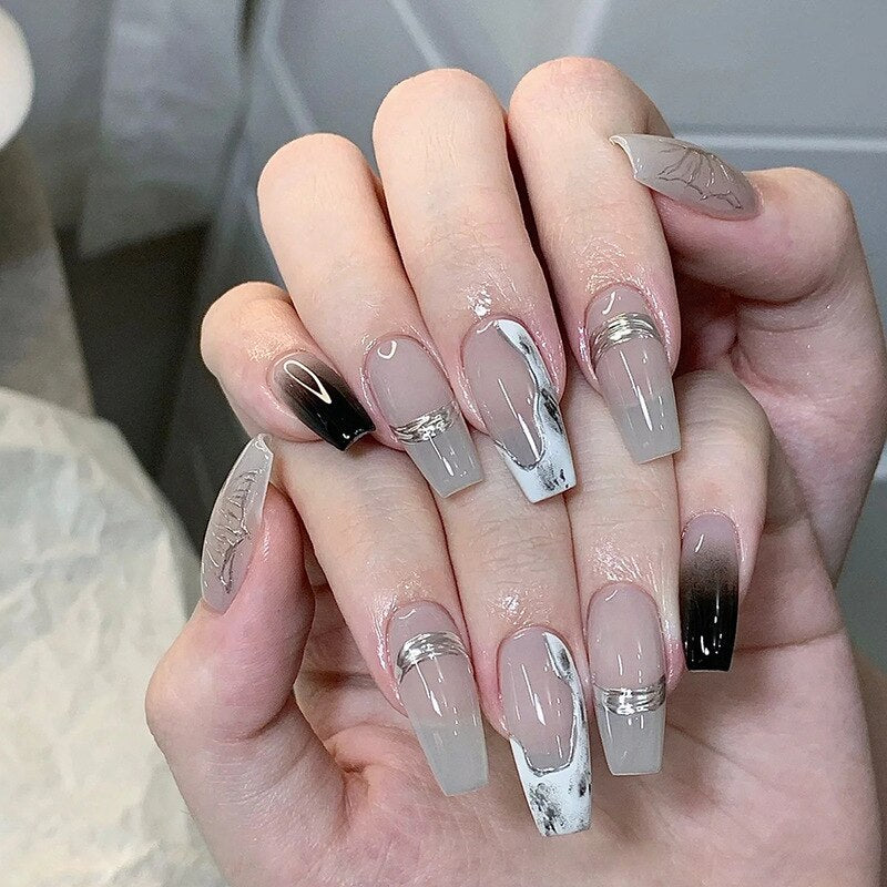 24pcs Press on Nails Short Fake Nails with Glue Jelly Gradient Design Detachable Artificial Nail Acrylic Coffin False Nails Tips