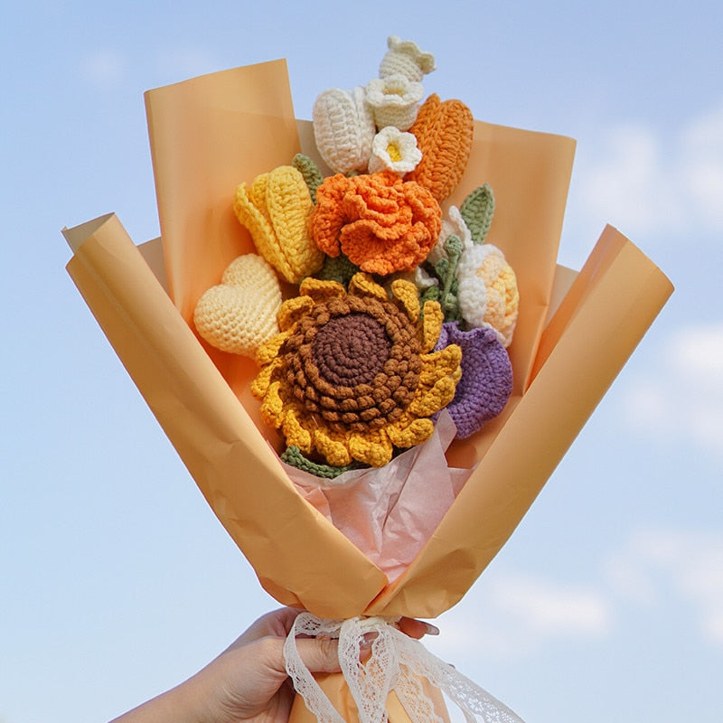 Knitting Flowers Rose Tulip Artificial Fake Flowers Bouquet Wedding Decoration Hand-woven Home Decorate Knit Fake Flower Gifts