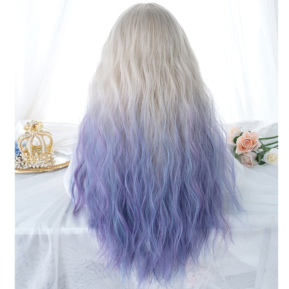synthetic long curly hair wavy female golden gradient blue purple pink color wig cosplay Lolita wig high temperature