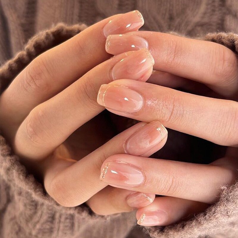 24pcs gradient nude french fake nails with glue wearable Natural press on false nails milk white nail tips ballet