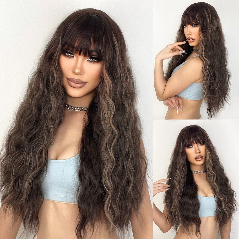 Long Wavy Green Synthetic Wig Women's Heat-Resistant Natural Half Part Cosplay Party Lolita Red Black Pink Wig