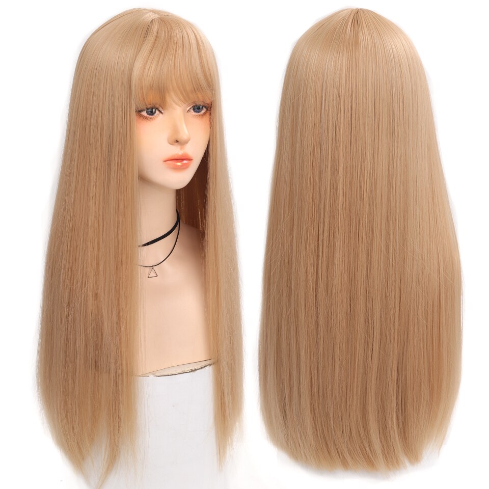 Long straight hair synthetic wig girl pink white gradient bangs cosplay Lolita party heat-resistant wigs