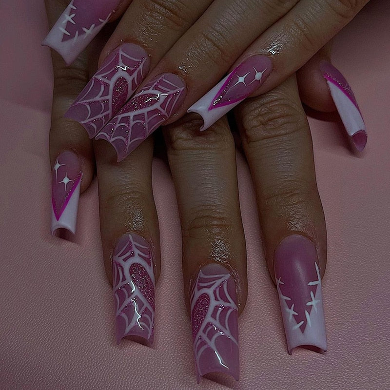24Pcs Wearable False Nails with glue Long Ballerina Pink Press On Nails French Full Cover Coffin Fake Nails tip with rhinestones