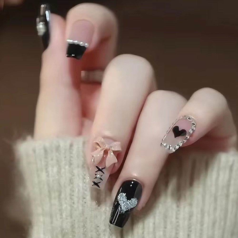 24pcs Butterfly decorated false nails Removable Long Paragraph Manicure fake nail tips full cover acrylic for girls nail