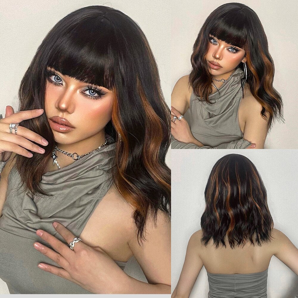 Grey Wavy Bob Wigs With Bangs Short Blonde Wavy Bob With Dark Roots