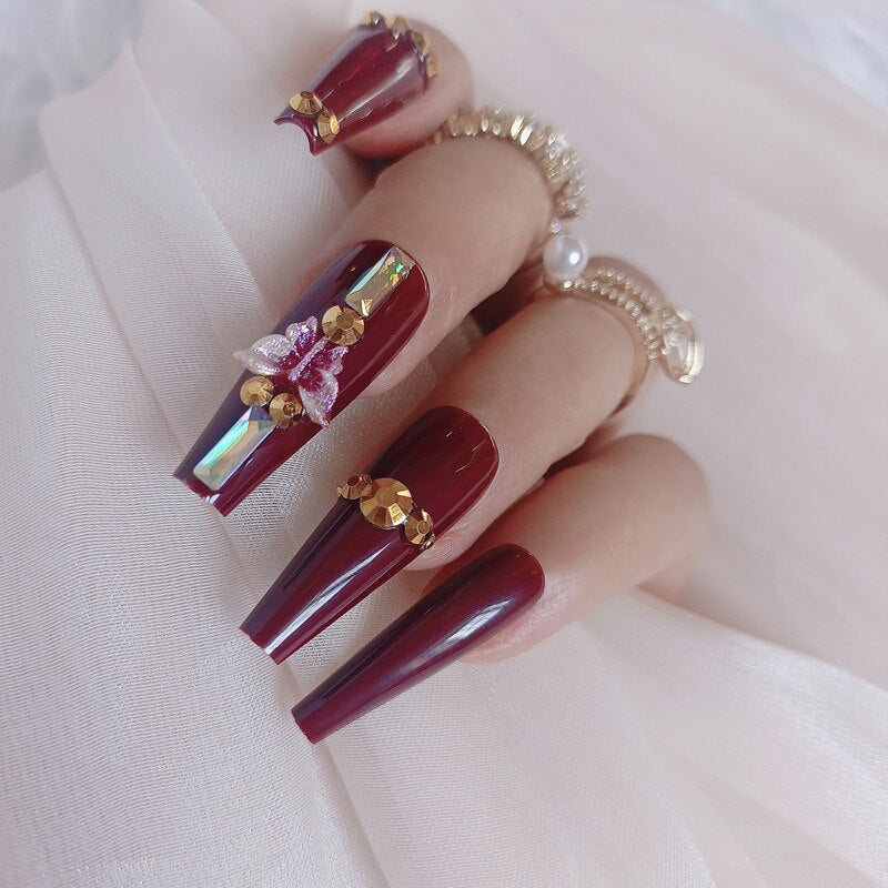 24pcs luxury jewelry long ballet coffin fake nails crystal diamond Transparent