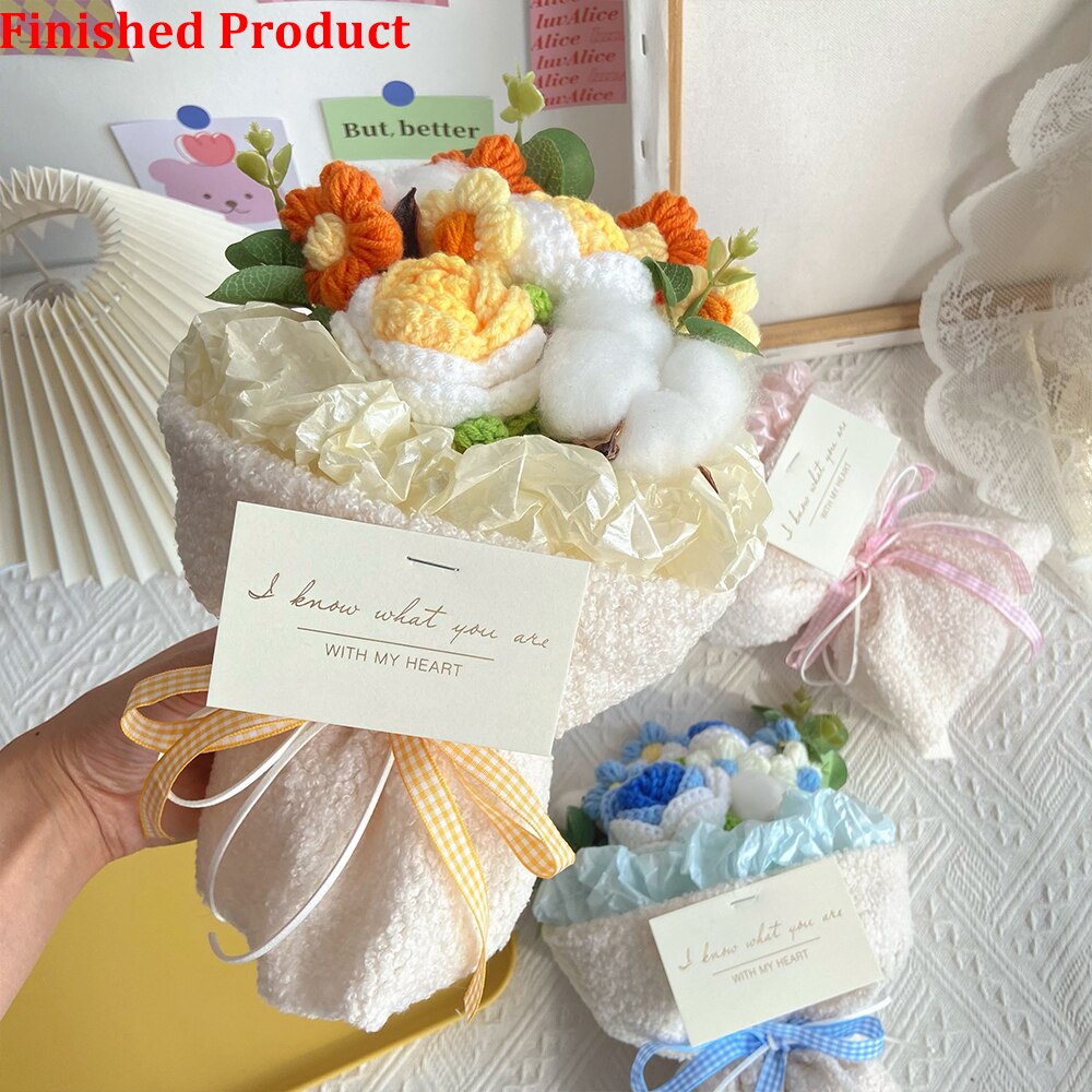 Knitting Flowers Rose Tulip Artificial Fake Flowers Bouquet Wedding Decoration Hand-woven Home Decorate Knit Fake Flower Gifts
