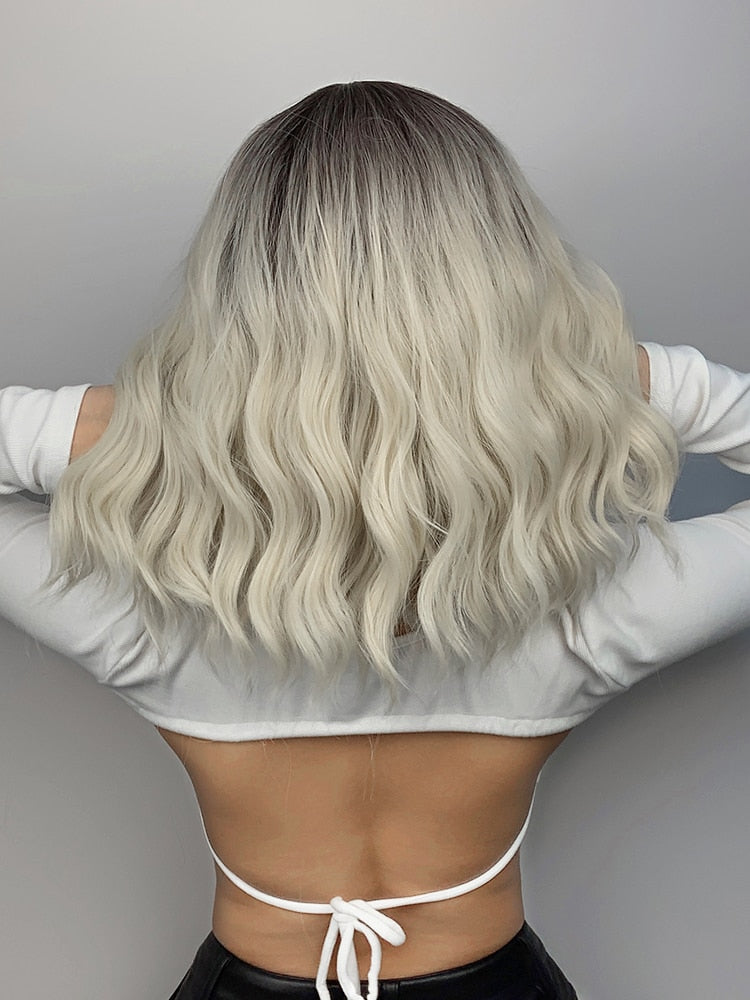 Ombre Blonde Short Bob Synthetic Wig For Women With Bangs White Gold Body Wave Cosplay Lolita Natural Heat Resistant Hair