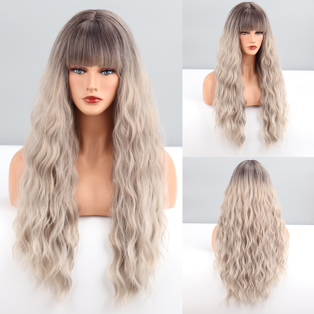 Long Wavy Green Synthetic Wig Women's Heat-Resistant Natural Half Part Cosplay Party Lolita Red Black Pink Wig