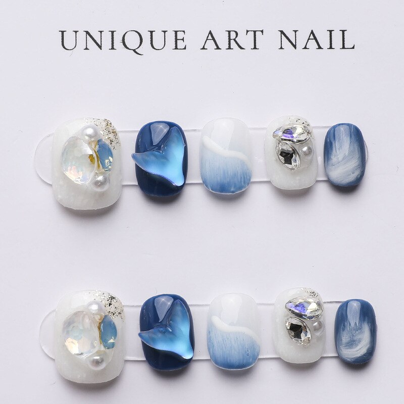 Blue Whale Handmade Wearable Fake Nails Mermaid Ocean Wearing Nails Sticker Reusable Press On Nail Patches Decoration