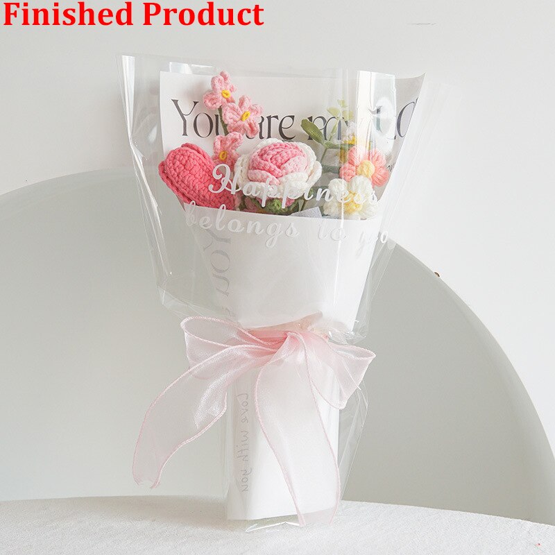 Finished Product Knitting Flowers Rose Tulip Fake Flowers Bouquet Wedding Decoration Hand-woven Home Decorate Knit Flower Gifts