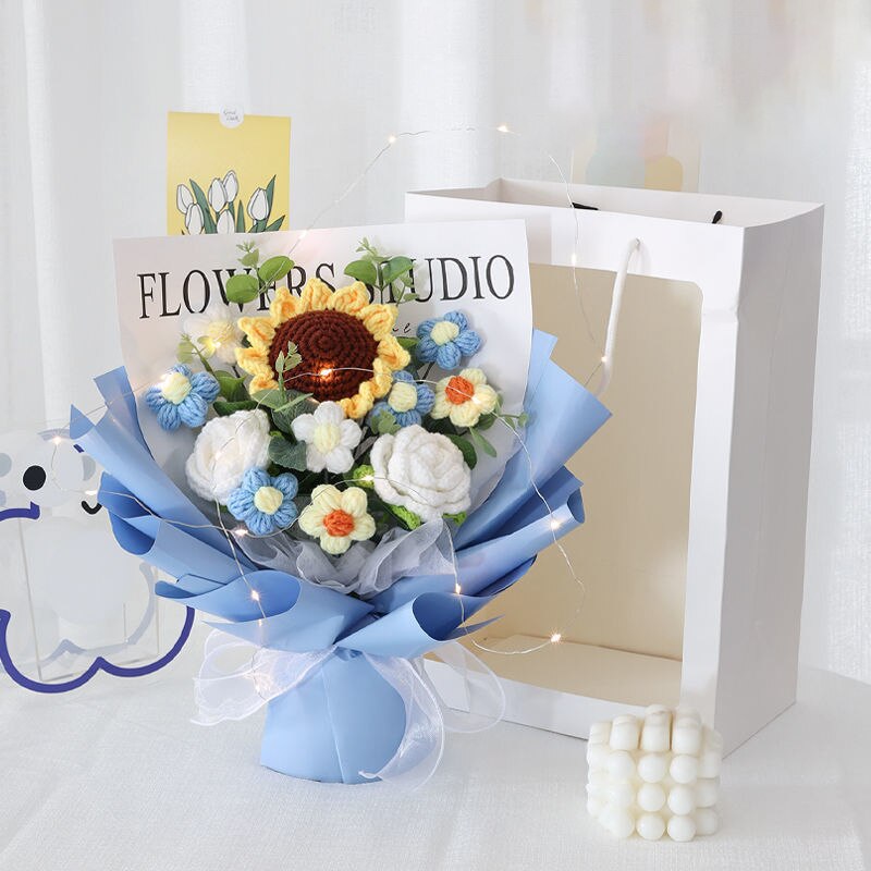 Knitting Flowers Rose Tulip Artificial Fake Flowers Bouquet Wedding Decoration Hand-woven Home Decorate Knit Fake Flower Gifts