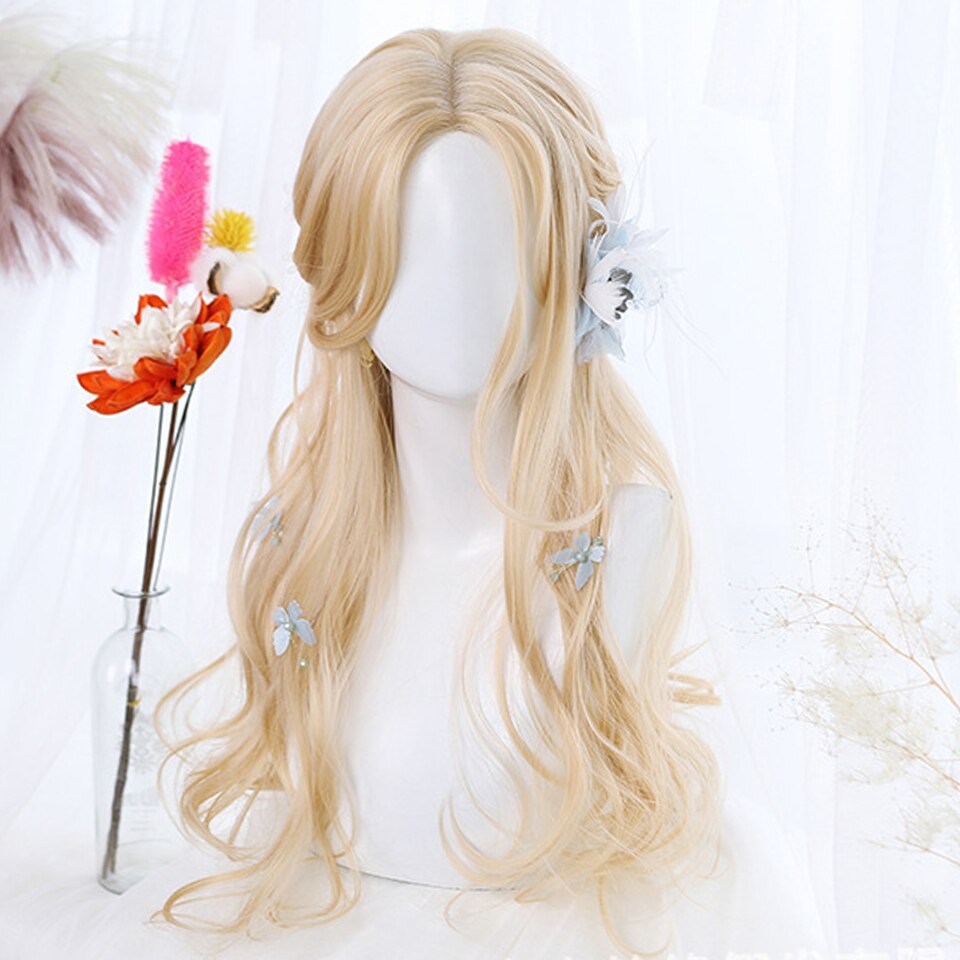 synthetic long curly hair wavy female golden gradient blue purple pink color wig cosplay Lolita wig high temperature